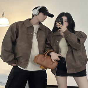 커플 루즈핏 브라운 가죽 재킷 아메리칸 레트로 스타일 가을 겨울 신상 하이 패션 트렌디 브랜드 아우터웨어
