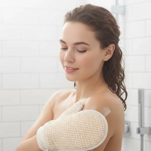 2-in-1 각질 제거 장갑 - 홈 스파 및 목욕용 메쉬 질감의 면 린넨 바디 스크러버