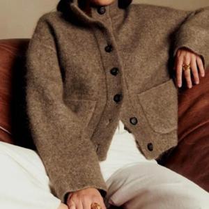 가을 겨울 캐주얼 울 혼방 재킷 O 칼라 긴 소매 싱글 브레스티드 포켓 코트 2025 신상 여성 솔리드 하이 스트리트 웨어