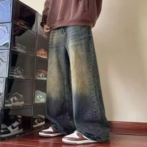 남성용 뉴 벤트 나이프 진, 아메리칸 레트로 워싱 디스트레스드 와이드 레그 팬츠, 사계절 루즈 스트레이트 레그 스타일 스트리트 진