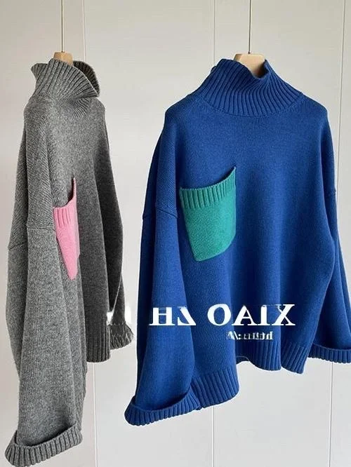 루즈핏 하이넥 울 니트 스웨터 여성용 패치워크 컬러 블록 레이지 스타일 가을 겨울 패션 캐주얼 편안한 상의