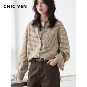 CHIC VEN 여성 셔츠 루즈 캐주얼 싱글 브레스티드 뉴 레트로 콘트라스트 체크 자수 블라우스 여성 탑 가을 겨울 2025