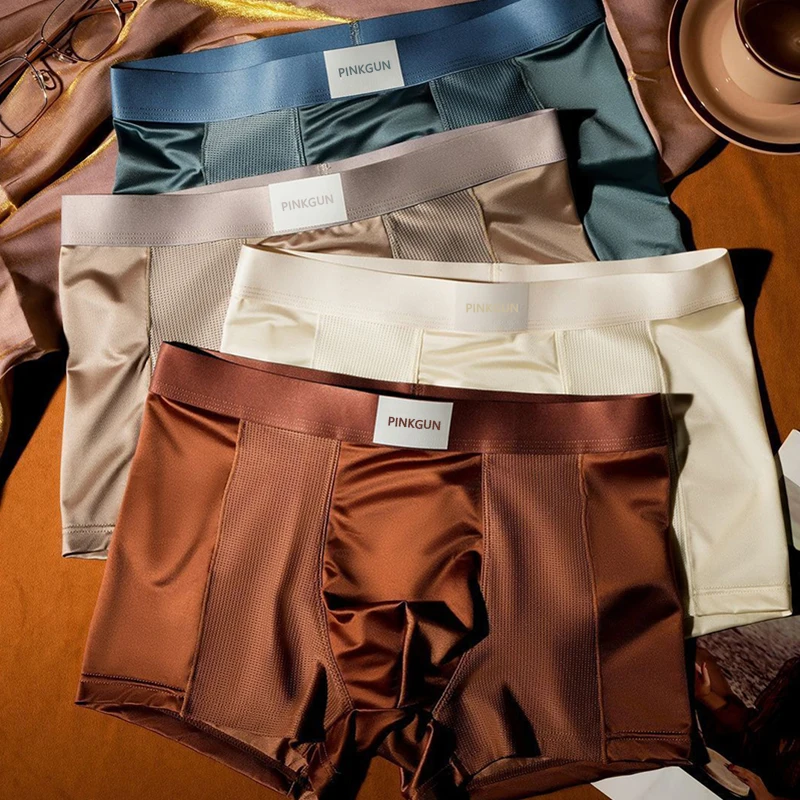 남성용 새틴 아이스 실크 복서 반바지 4피스 세트, 세미 메쉬 통기성 캐주얼 속옷, 남성용 편안한 스포츠 복서 반바지
