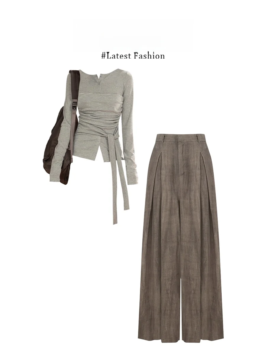 캐주얼 긴팔 니트 스웨터 벨트 슬림핏 바지 독특한 디자인 패션 세트 여성용 겨울 따뜻한 루즈핏 라운드넥