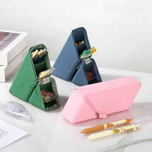 창의적인 실리콘 필통 대용량 심플 디자인 이중용도 펜 홀더 다층 수납 삼각형 스탠드형