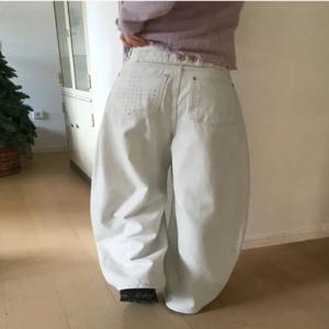 한국 스타일 다크 크로스 루즈핏 와이드 레그 진 두꺼운 따뜻한 가을 겨울 데님 팬츠 스트릿 패션 슬리밍 효과 여성 청바지