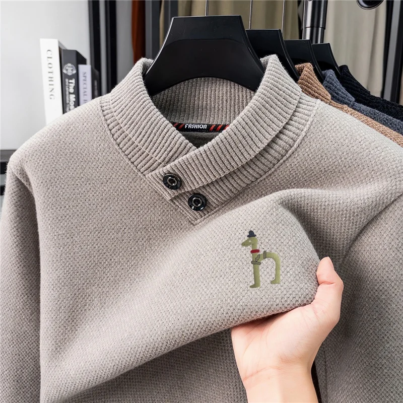 럭셔리 브랜드 남성용 풀오버 스카프 칼라 니트 스웨터 겨울 신상품 정교한 프린트 따뜻하고 부드러운 패션 출퇴근 남성복