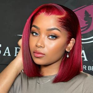 밥 가발 인모 13X4 HD 레이스 프론탈 숏 스트레이트 레이스 프론트 밥 가발 (흑인 여성용) 인모 와인 레드 99J 버건디