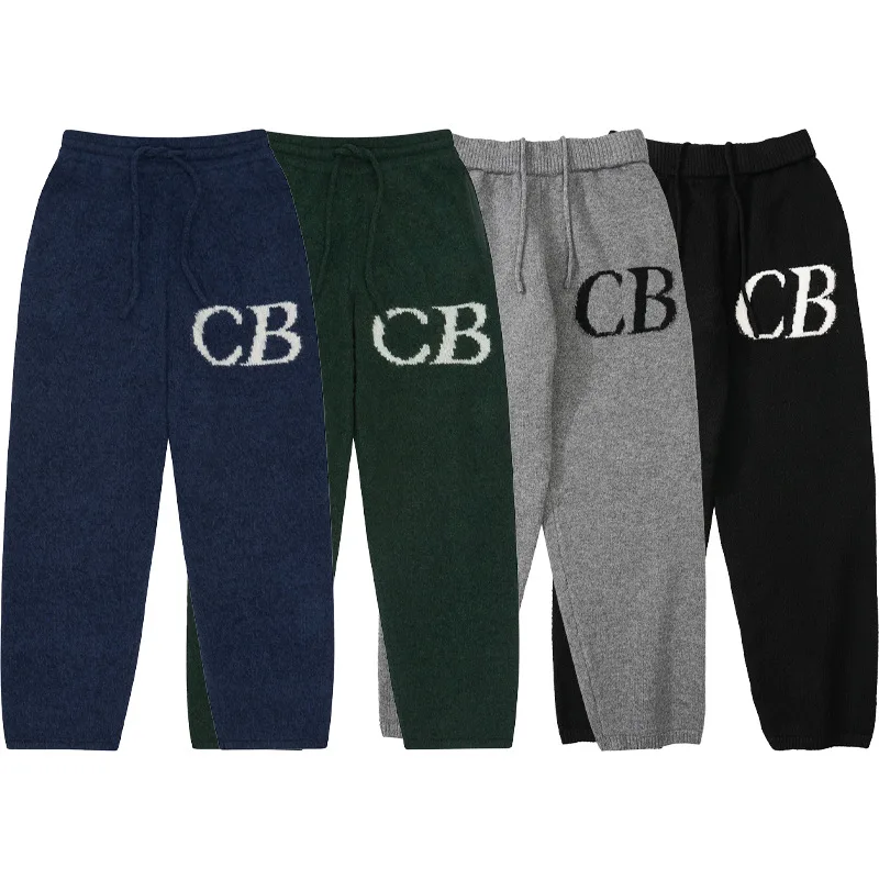 봄 가을 니치 심플 레터 로고 자카드 루즈 울 팬츠 남성 캐주얼 니트 팬츠 겨울 루즈 바지