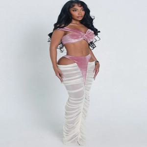 Kliou 섹시한 패션 2 조각 세트 여성 벨벳 크로스 싱크 탱크 탑 + 빈 디자인 루치 긴 스커트 클럽 파티 코켓 의상