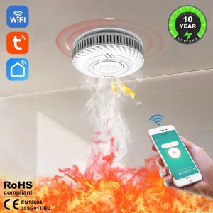 와이파이 기능 투야 연기 감지기 내장형 10년 배터리 가정 안전 거실 주방 상점 화재 경보 연기 센서