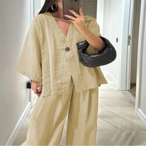 솔리드 코튼 린넨 옷깃 V 넥 셔츠 세트 여성 하이 웨스트 와이드 레그 바지 정장 캐주얼 여름 하이 스트리트 의상 패션 2025