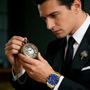 2피스 커플 캐주얼 다용도 남성용 쿼츠 시계 + 레트로 포켓 시계, 아빠와 남자친구를 위한 최고의 선물 선택