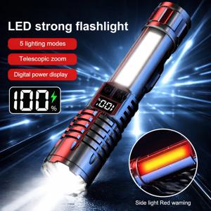 고출력 LED 손전등 타입-C 충전식 방수 토치(COB 측면 조명 포함) 줌 휴대용 캠핑 하이킹 램프