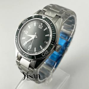 41mm NH35 오토매틱 남성용 시계 실버 케이스 세라믹 베젤 그린 야광 기계식 손목시계 (캘린더 창 포함)