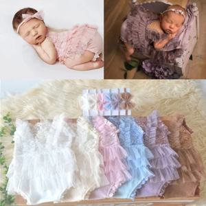 새로운 귀여운 레이스 아기 소녀 Romper 아기 스튜디오 사진 촬영 복장 점프 슈트 + 레이스 머리띠 신생아 사진 소품 의류