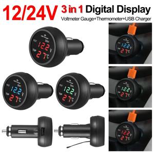 온도 계량기 전압계 충전기, 자동차 트럭 전압계 USB 충전기, 자동차 게이지 디지털 자동차 담배 라이터, 12V, 24V, 3 in 1