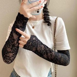여성용 여름 아이스 실크 레이스 팔 슬리브, 탄성 슬리브, 운전 장갑, 블랙 화이트, 긴 손가락리스 장갑, 자외선 차단 장갑