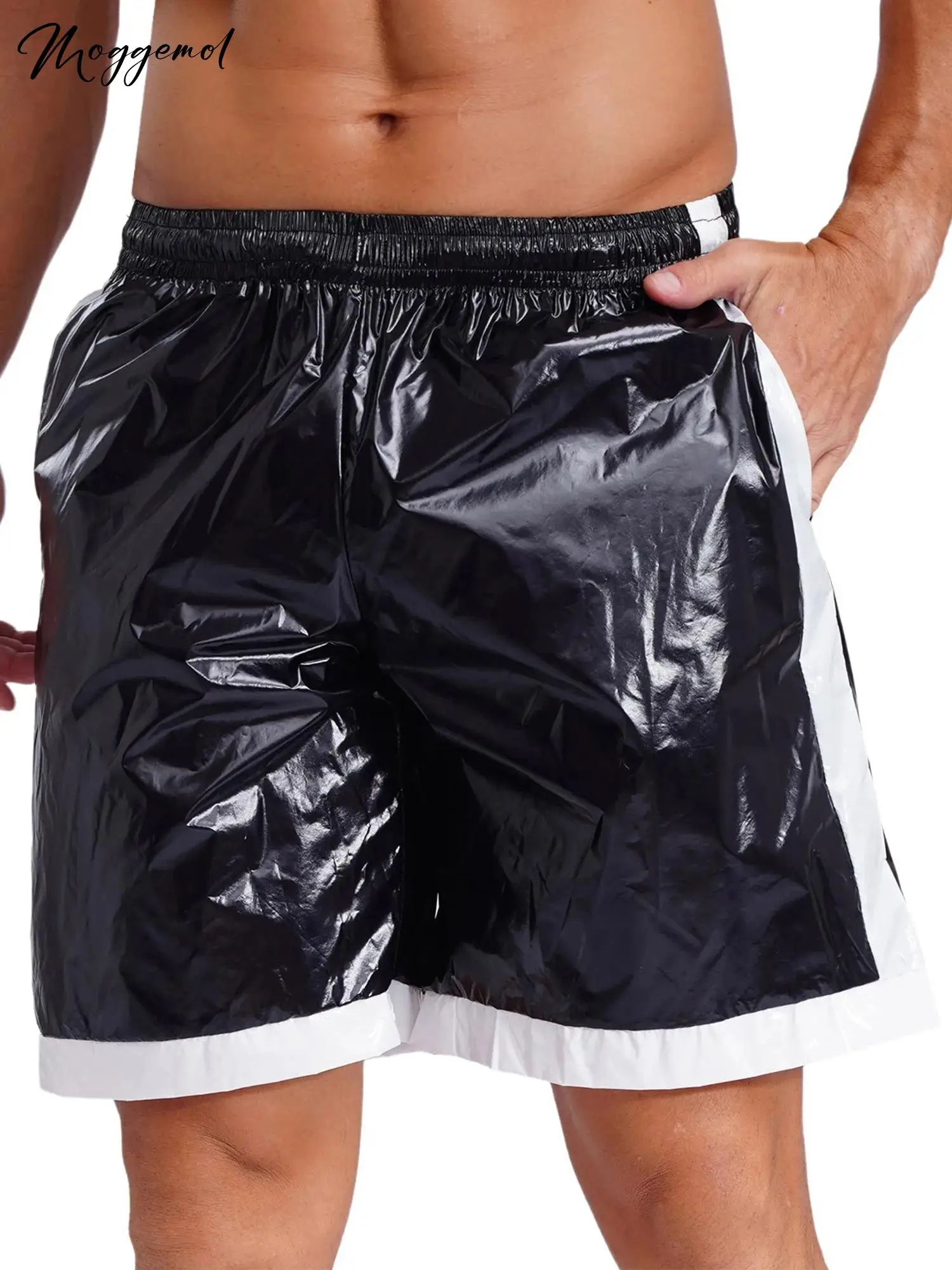 Mens Wet Look Boxer Shorts Drawstring 탄성 허리 포켓 방수 비치 반바지 수영 트렁크 루즈 피트 짧은 바지 클럽