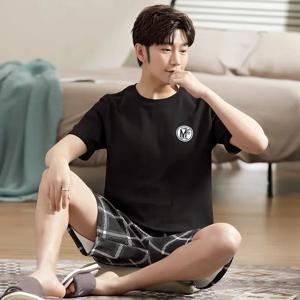 여름 남성 잠옷 Homewear 세트 남성 반팔 반바지 십대 학생 만화 줄무늬 캐주얼 잠옷 Homewear 세트
