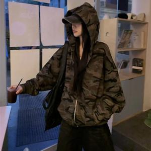 위장 후드 재킷 여성용 루즈핏 캐주얼 긴팔 지퍼 탑 다용도 가을 아우터웨어 편안한 면 00%