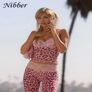 Nibber Sexy Patchwork 메쉬 2 조각 세트 여성 이탈 민소매 작물 탑 + 레오파드 무늬 스키니 바지 스트리트 와일드 트렌드 세트