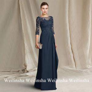시폰 네이비 마더 오브 더 신부 원피스, 맞춤형 스쿠프 넥, 3/4 소매, 아플리케 프릴, A 라인 대모 웨딩 하객 가운
