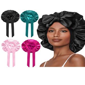 잠자는 여성을위한 새로운 실크 보닛 새틴 보닛 헤어 보닛 야간 수면 모자 스카프 랩 곱슬 머리를위한 타이 밴드가있는 곱슬 머리