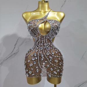 새로운 도착한 여성 2025 섹시한 백 레이스 중공 다이아몬드 저녁 파티 드레스 생일 럭셔리 축하 무대 나이트 클럽 복장