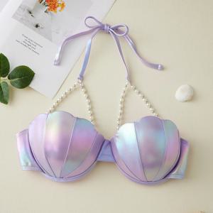 여성용 비즈 비키니 탑 홀터넥 넥 스팽글 쉘 수영복 수영 탑 비치 스타일 리조트웨어