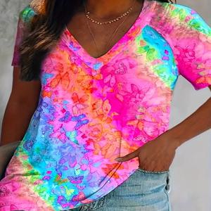 여름 여성 플러스 사이즈 다채로운 나비 프린트 티셔츠 봄과 여름 캐주얼 여성 티셔츠 빠른 건조 및 통기성