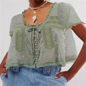 CHRONSTYLE 여성 반팔 탑 루즈 캐주얼 레이스 패치 워크 버튼 타이 업 셔츠 꽃 미적 블라우스 streetwear 2025 new