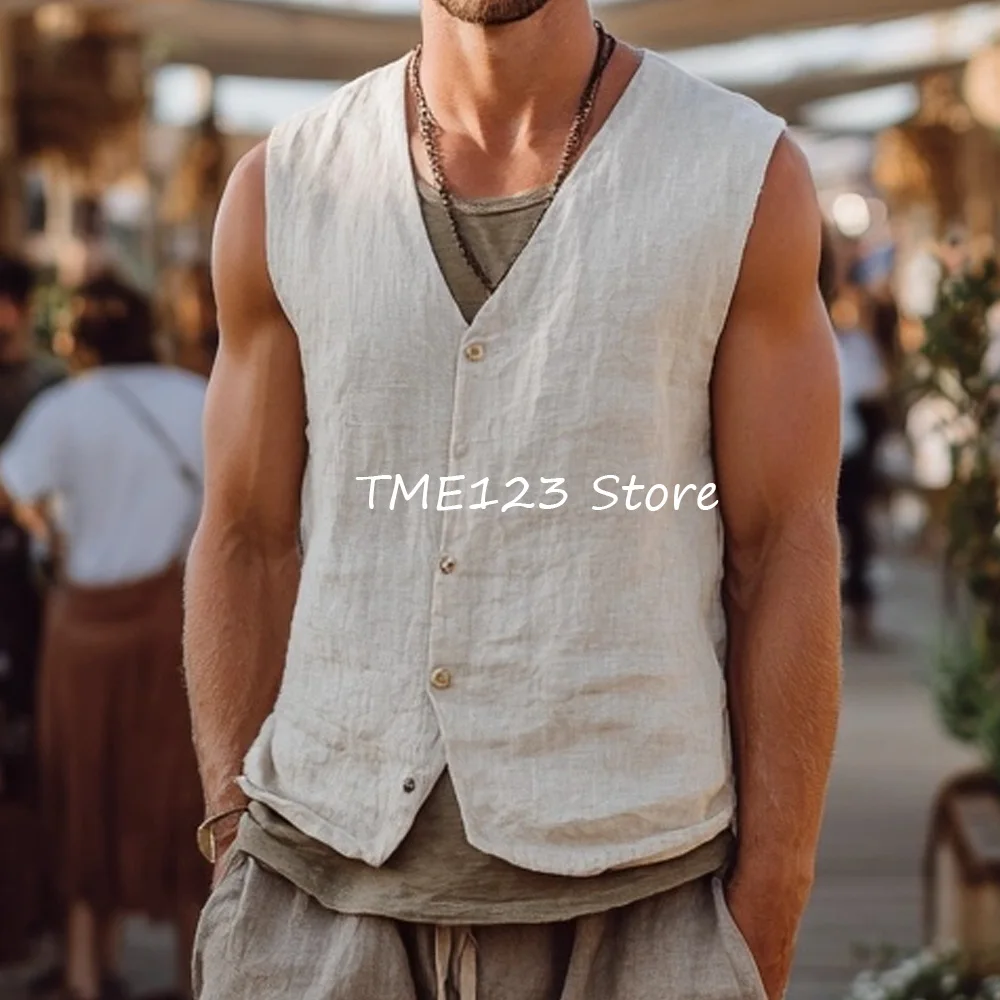 얇은 작업 조끼 베스톤 V넥 질레 남성 린넨 패션 정장 싱글 버튼 조끼 남성 캐주얼 웨이스트코트 남성 정장 블레이저