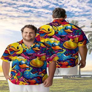 남성용 플러스 사이즈 하와이안 셔츠다채로운 고무 오리 테마 패턴, 버튼 업 셔츠, 남녀공용 캐주얼 의류, 여름 상의