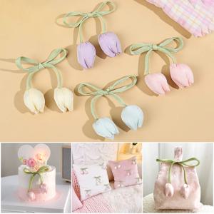 1PC 달콤한 튤립 활 꽃 케이크 장식 수제 DIY 헤어 밴드 베개 가방 크로 셰 뜨개질 패치 장식 3D 꽃 의류 액세서리