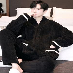 두꺼운 산호 양털 잠옷 남성용 가을 겨울 플러시 세트 캐주얼 대형 사이즈 야외 착용 가능 플란넬 홈웨어 V넥 잠옷