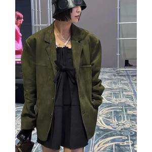Women Clothes Turn-Down Collar Single-Row Buckle Suit Style Suede Sheepskin Luxurious Leather Jacket Green Loose