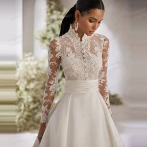 클래식 Boho 라인 웨딩 드레스 여성의 긴 소매 아플리케 새틴 공식적인 신부 가운 Vestidos De Novia Bohemia Customized