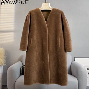 AYUNSUE 100% 천연 양모 코트 여성용 2025 가을 겨울 V넥 루즈핏 퍼 코트 여성 의류 아우터웨어 여성복