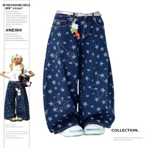 2025 가을 겨울 여성 데님 팬츠 블루 Y2K 스타 진 하라주쿠 아메리칸 빈티지 카우보이 일본 와이드 핏 배기 진 신상품