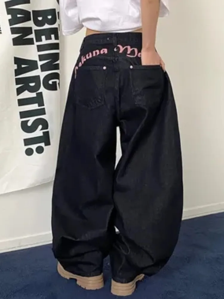하이웨이스트 자수 레터 프린트 데님 진 여성용 봄 신상 스윗 쿨 스파이시 걸 백 스티칭 롱 팬츠