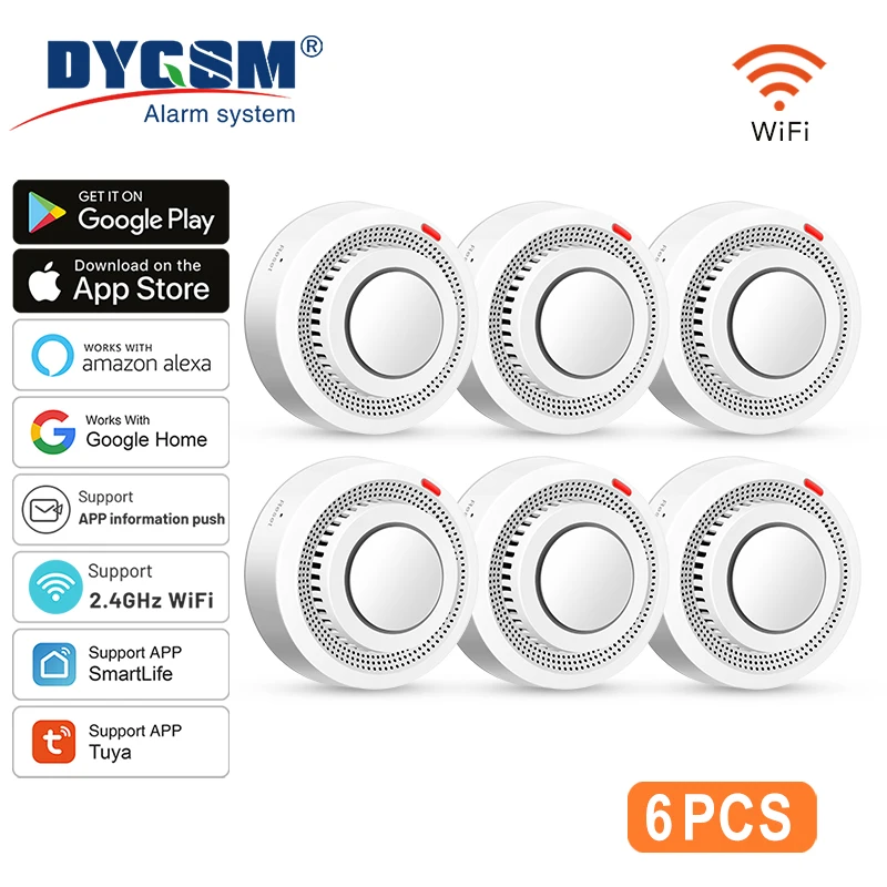 6Pack Tuya WiFi 스마트 연기 감지기 Smartlife APP 제어 연기 경보 85dB 현장 경보는 Alexa 및 Google Assistant를 지원합니다.