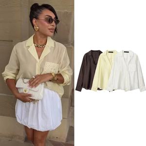 2025년 가을 여성 셔츠 신상 패션 오피스 셔츠 여성 시크 포켓 자수 레트로 엘레강스 루즈핏 젊은 블라우스 스트릿 탑