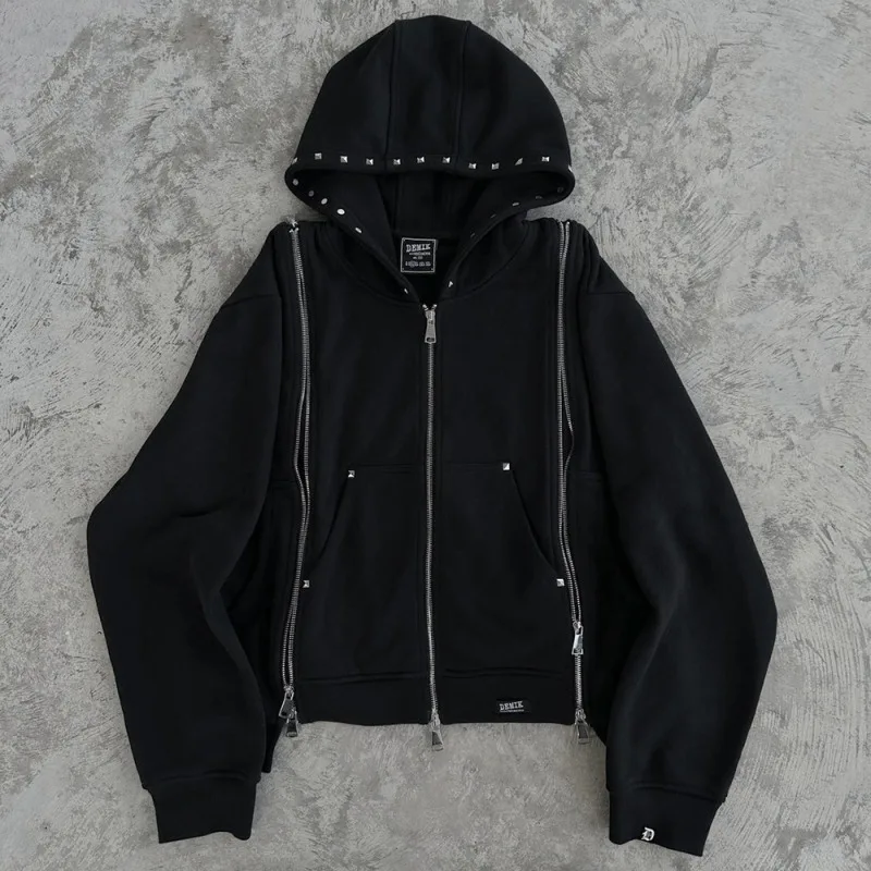 90 년대 빈티지 고딕 의류, 미국 하이 스트리트 의상, 패치 워크 남성 및 여성 지퍼 후드 스웨트 셔츠