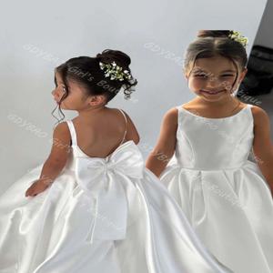 심플 새틴 첫 영성체 드레스, 리본 스파게티 스트랩 백리스 플라워 걸 드레스 (웨딩, 2-14세 아동 생일 파티 가운)