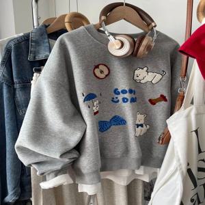 한국 스타일 짧은 스웨트셔츠 재킷 여성 초가을 만화 자수 루즈핏 탑 통기성 폴리에스터 면 혼방