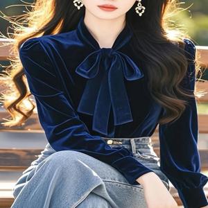 우아한 벨벳 셔츠 여성용 긴팔 가을 겨울 새로운 스타일 아름다운 나비 매듭 슬리밍 베이스 레이어 셔츠