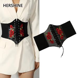 HERSHINE 여성의 세련되고 섹시한 장미 자수 탄성 와이드 벨트, Y2K 고딕 하라주쿠 록 힙합 스타일, 봄, 여름