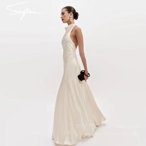 SSYTENS 섹시한 백리스 실크 새틴 시빌 웨딩 드레스 맞춤형 여성 심플 비치 신부 드레스 화이트 럭셔리 미니멀리스트 드레스