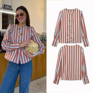 2025 가을 신상 여성 시크 블라우스 여성용 루즈핏 스트라이프 프린트 셔츠 O넥 퍼프 소매 싱글 브레스티드 심플 캐주얼 탑